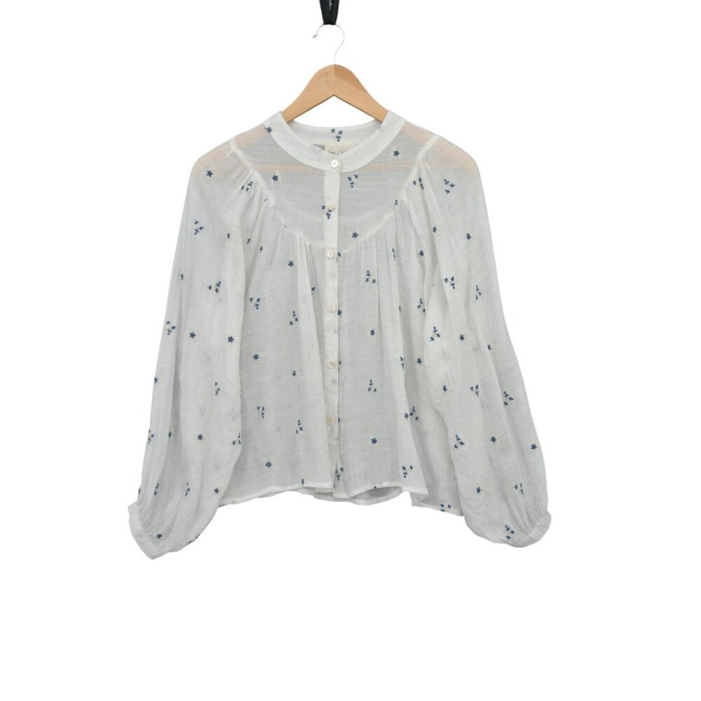 Easy Clothes White Linen-Look Floral Stitch Blouse (Size S/M)‎
